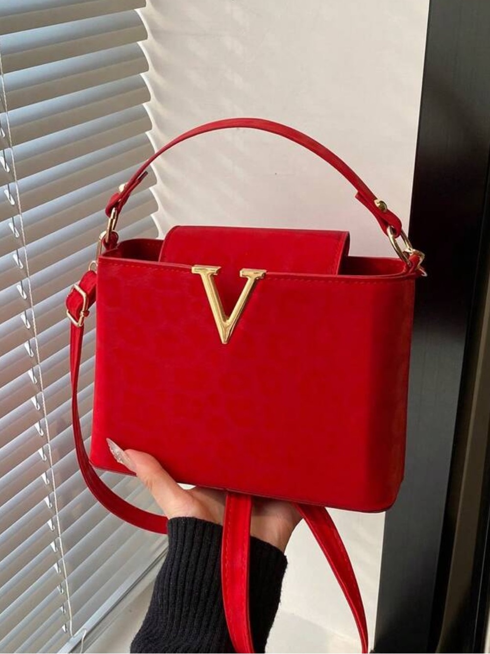 Red Top-Handle Crossbody Bag with Gold V Accent